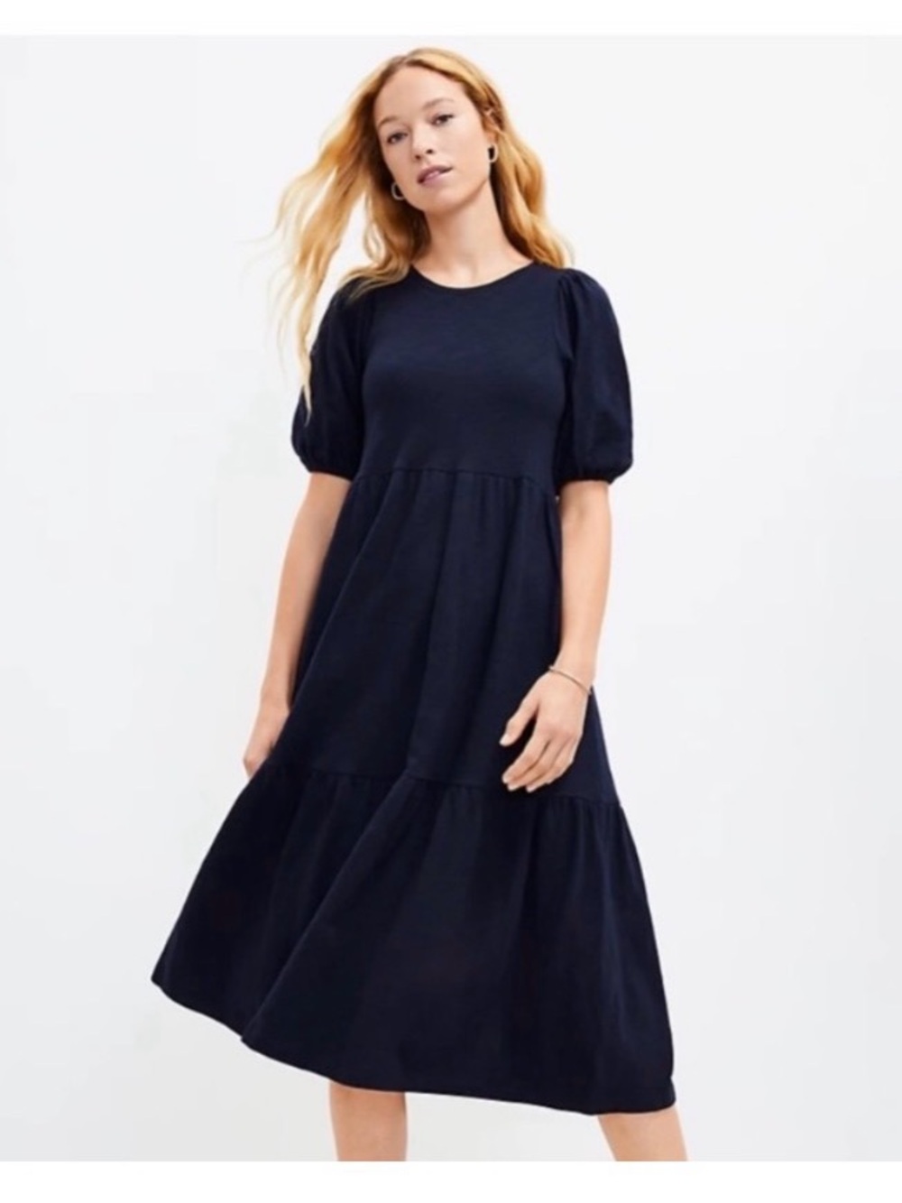Loft Puff Sleeve Navy Tiered Cotton Midi Dress XSP